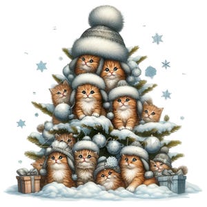 12 chatons de Noël PNG Clipart, mignons chats dans des chapeaux d'hiver art numérique, sublimation d'arbre à chat de vacances, scène festive de neige