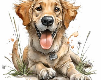 15 PNG Golden Retriever, Happy Smiling Dog Grass Clipart
