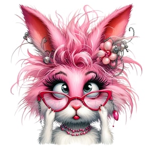 14 Fashion Bunny PNG - Glam rosa Kaninchen Clipart mit Brille und Perlen - Niedliche Tierkunst für Mädchen Dekor und Handwerk