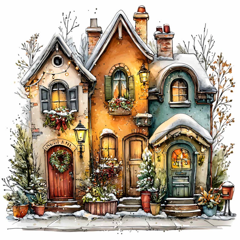 12 PNG Snowy Village PNG – Christmas Houses Clipart – Winter Street ...