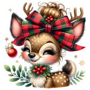 12 simpatici cervi di Natale PNG Clipart, renna con fiocco, agrifoglio e ornamento, arte animale delle feste, download digitale