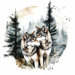 30 JPEG Wilcza Para Clipart, Scena Leśnych Wilków JPEG, Ilustracja Dzikich Zwierząt, Pobieranie Mistycznej Sztuki Leśnej, Cyfrowy Obraz Dzikiej Przyrody