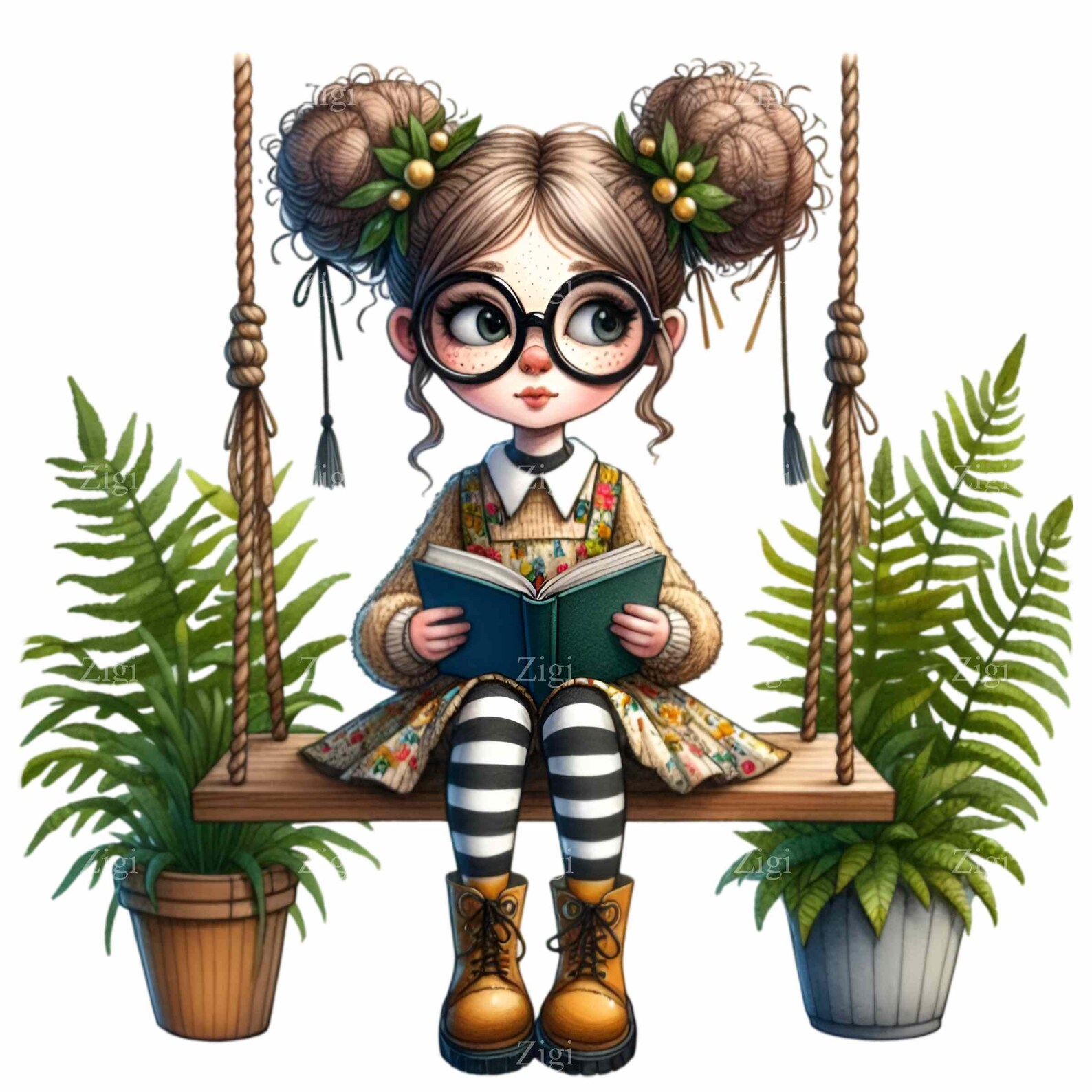 12 PNG Reading Girl Bookworm on Swing, Back to School Clipart - Etsy