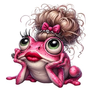 14 Glamorous Frog PNG Clipart – Divertente rana rosa con grandi occhi, rossetto, chignon, fiocco e gioielli – Cute Diva Toad Art