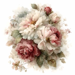 May include: Watercolour painting of a bouquet of peonies in shades of white, pink, and deep rose. The flowers have multiple layers of petals and are surrounded by green leaves and soft, blurred accents.