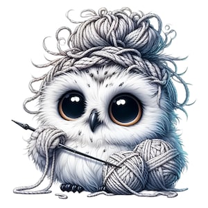 10 niedliche strickende Eule PNG Clipart, entzückende weiße Eule mit Garn und Nadeln, DIY Fertigkeit Sublimation, lustiges Geschenk für die Strickerin, printable Art
