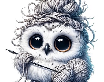 10 cliparts PNG hibou tricot mignon, adorable hibou blanc avec du fil et des aiguilles, sublimation artisanat bricolage, cadeau tricoteur drôle, art imprimable
