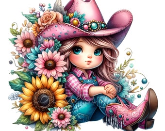 15 PNG Pink Cowgirl Clipart – Western Girl PNG with Sunflowers & Boots for Country Girl Crafts and Farmhouse Decor