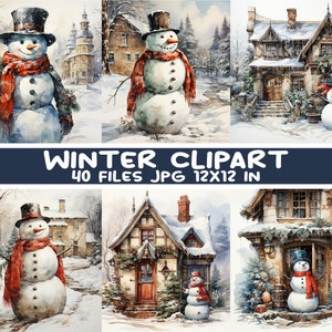 40 JPEG Snowman winter clipart – Christmas house JPG bundle – digital papers for cards, scrapbooking, crafts, holiday prints, 12x12 inch