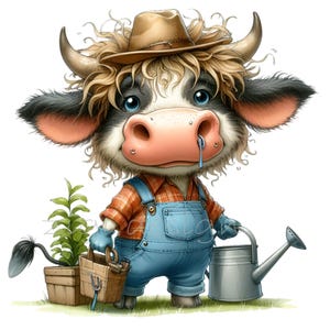 15 PNG Clipart di una mucca da fattoria carina - Adorabile mucca delle Highlands in tuta che annaffia le piante - Download digitale di animali da fattoria