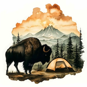 16 imágenes JPEG de bisontes acampando – Imágenes prediseñadas de fauna de montaña en formato JPG – Arte de escenas naturales para decoración de exteriores, póster de aventuras en tienda de campaña, impresión digital rústica