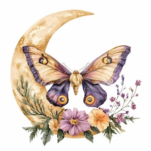 May include: A watercolor painting of a crescent moon with a purple and brown butterfly perched on it. The moon is surrounded by a floral arrangement of purple, pink, and yellow flowers.
