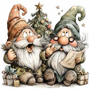 May include: A whimsical illustration of two gnomes celebrating Christmas. One gnome wears an orange hat and holds a bundle of twigs, while the other wears a green hat and reads a paper. A decorated Christmas tree and wrapped gifts complete the festive scene.