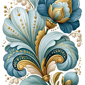 Peut inclure: Une illustration décorative représentant de grandes fleurs stylisées bleues et dorées aux pétales superposés et aux feuilles incurvées. De petites fleurs blanches en forme de clochettes sur des tiges fines parsèment le motif, rehaussées de points dorés.
