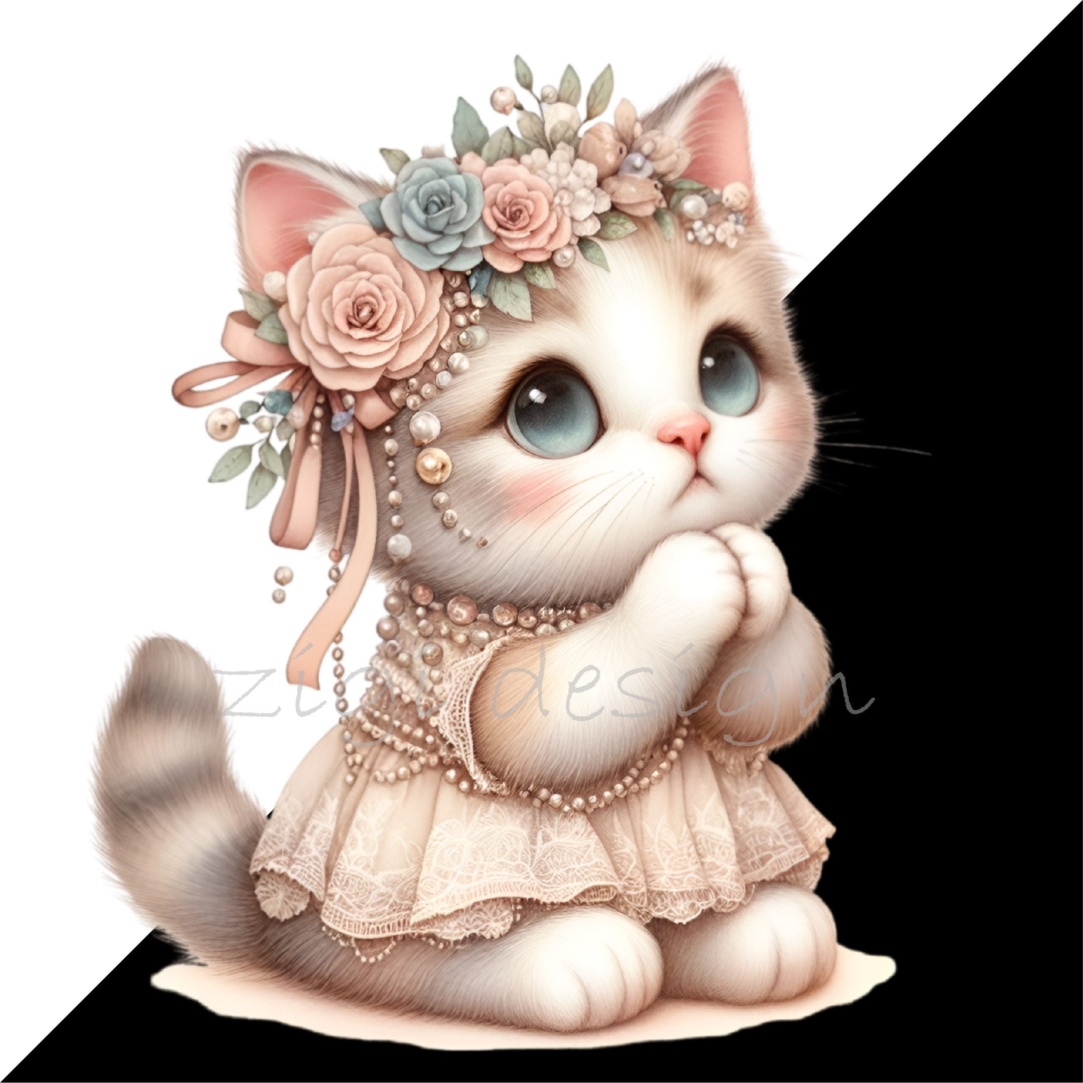 12 PNG Floral Kitten Clipart – Cute Cat PNG – Baby Animal Illustration ...