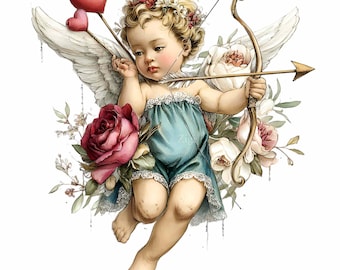 15 PNG Cupid Angel Clipart – Vintage Cherub with Bow Hearts and Roses for Valentine Romantic