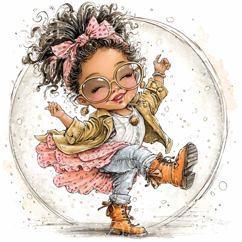 Puede incluir: Ilustraci&oacute;n en acuarela de una ni&ntilde;a peque&ntilde;a con gafas de sol grandes, un vestido rosa, una chaqueta color canela y botas naranjas. La ni&ntilde;a sonr&iacute;e y baila dentro de una burbuja transparente, con una diadema rosa de lunares.