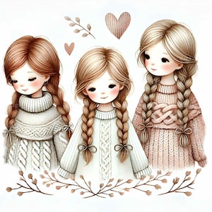 14 JPEG süßes Mädchen Clipart Trio mit geflochtenen Haaren in gestrickten Pullovern, neutrale Töne, Herzen und Blätter, Instant Download JPEG