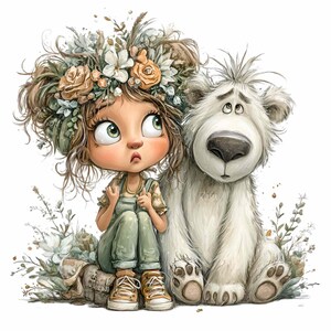 May include: A charming illustration featuring a girl with a floral crown and a white bear. The girl is dressed in green overalls and tan shoes, looking upwards. The bear has a melancholic expression. The artwork uses soft colours and has a gentle theme.