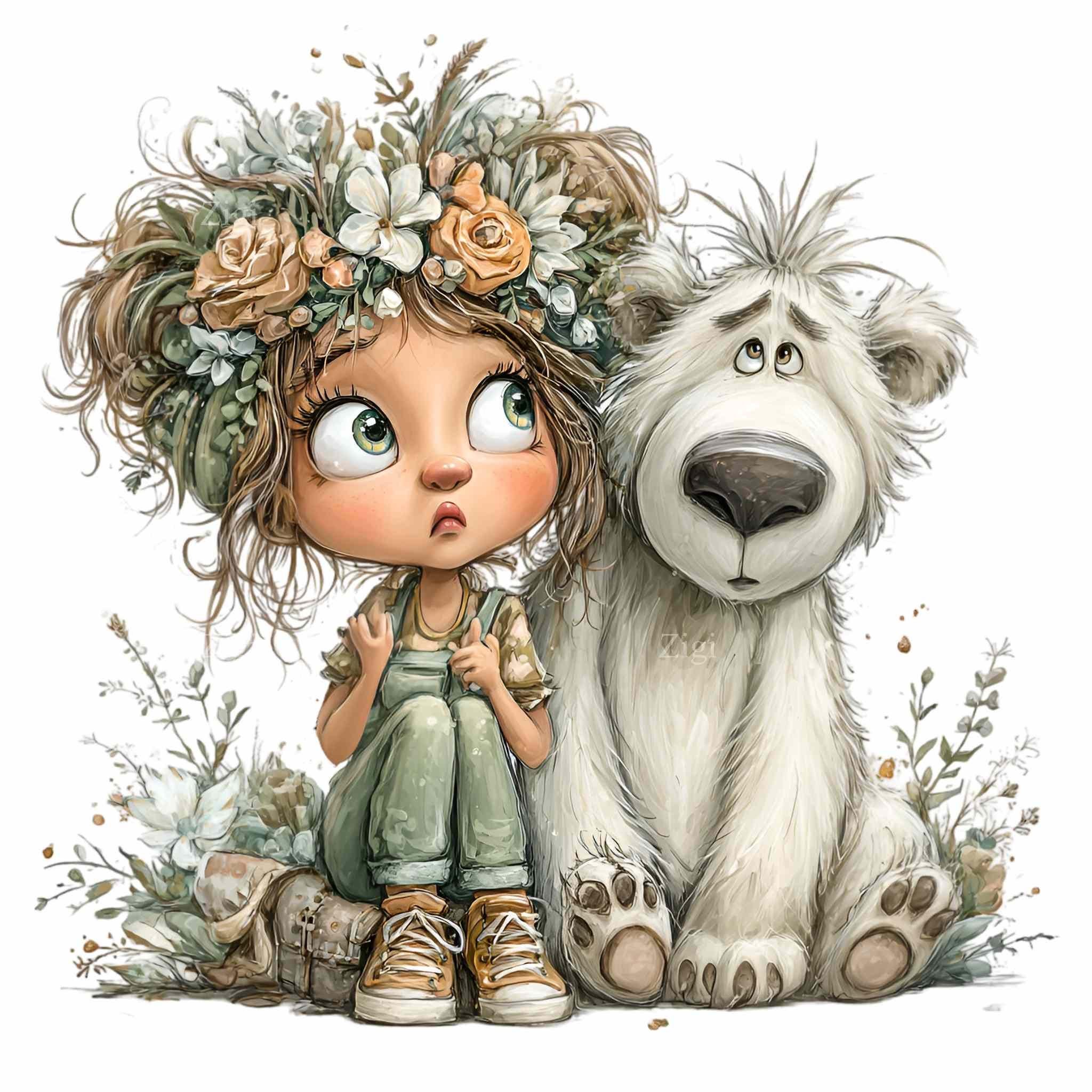 12 PNG Floral Crown Girl With Polar Bear White Rose Clipart - Etsy
