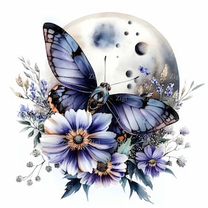 24 imágenes prediseñadas de mariposa azul y luna en formato JPEG, mariposa floral celestial en formato JPG, descarga digital de naturaleza lunar mística