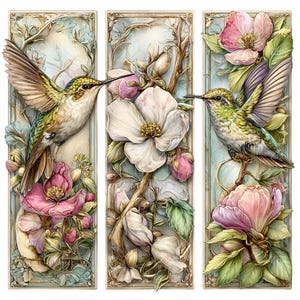 May include: A triptych artwork featuring hummingbirds and flowers. The panels showcase detailed illustrations of hummingbirds with outstretched wings, interacting with large, pink and white blossoms. The background has a soft, light blue hue, framed by ornate borders.