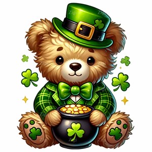 12 Clipart PNG d'ours irlandais, ours de la Saint-Patrick avec des trèfles et un pot d'or, oeuvre d'art fantaisiste de vacances