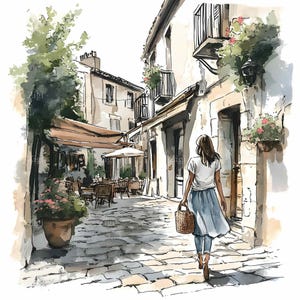 32 JPEG Chic Travel Girl Clipart JPG – Stylowa kobieta z torbą koszykową spacerująca po starej europejskiej scenie ulicznej Akwarela Moda Sztuka