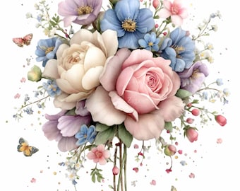 May include: A watercolor illustration of a floral bouquet featuring a large pink rose, cream-colored peony, and blue and purple flowers. Small butterflies and scattered dots add detail to the arrangement. The bouquet is tied with green stems.