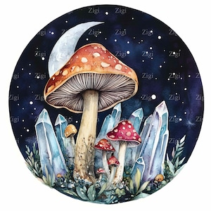 19 JPEG champignon et cristal Clipart JPG – champignons vénéneux rouges, ciel au clair de lune, cristaux bleus, art forêt fantastique imprimable