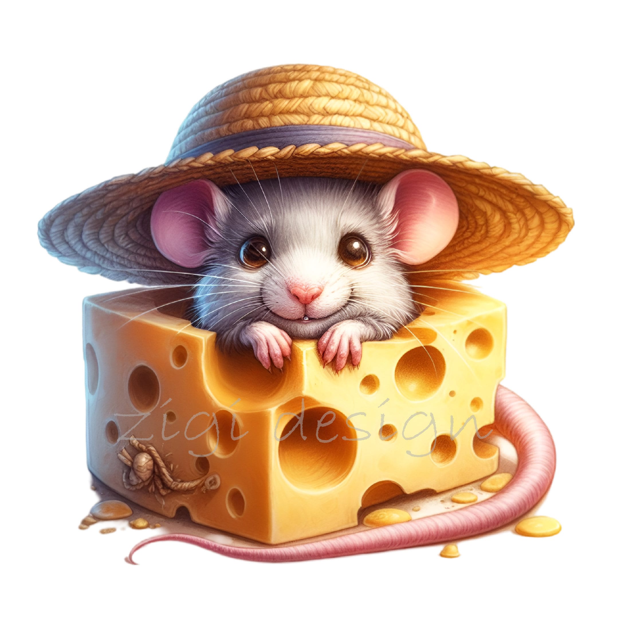 Cheese Mouse Clipart PNG -12 Cute Mouse with Straw Hat Peeking Out of Cheese, Perfect for Digital and Craft Projects