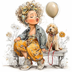 15 JPEG 巻き毛の女の子と犬 – JPG クリップアート – 保育園の装飾、グリーティングカード、友情の壁ポスター、花のシーンに使えるスタイリッシュな印刷可能なアート