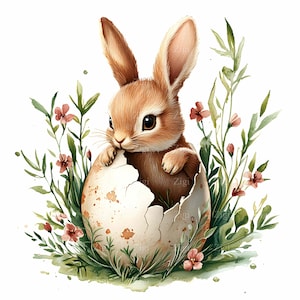 24 JPG Watercolor Baby Rabbit Hatching Egg Clipart, Spring Floral Bunny Woodland Nursery