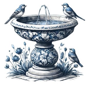 20 PNG Vintage birdbath clipart – Bluebird PNG illustration – Elegant garden fountain art for spring decor, prints, scrapbooking and cards