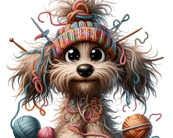 Imágenes prediseñadas de labradoodle, imágenes prediseñadas de tejido, 14 imágenes PNG divertidas de crochet, diario basura, creación de tarjetas, profesor de costura, imprimible por sublimación