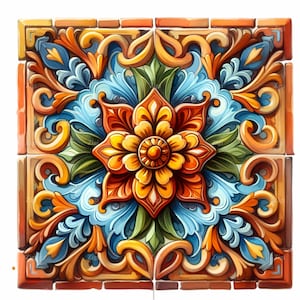 10 cliparts de carreaux espagnols PNG - Céramique colorée PNG - Motif floral méditerranéen pour sublimation, art mural, impressions de cuisine