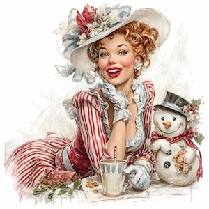Op de afbeelding: Illustratie van een vrouw in een rood-wit gestreepte jurk en een grote hoed met bloemenaccenten. Ze glimlacht en houdt een mok vast. Een sneeuwpop met hoge hoed en een peperkoeken mannetje staat naast haar. Kerstthema.