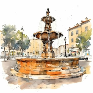 38 imágenes prediseñadas de plaza de ciudad JPEG: acuarela de fuente JPG: escena callejera europea para proyectos de arte de viajes, diarios o decoración de paredes