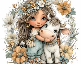 15 PNG Girl and cow clipart – Cute watercolor PNG – Farm animal art for nursery prints, baby shower decor & kids invitations