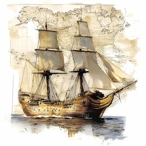 29 JPEG Vintage Segelschiff mit antiker Karte Clipart - Nautische Maritime Kunst - Historische Ozeanreise JPG