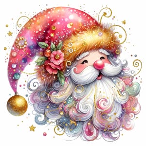 15 gouden glitter kerstman png-clipart, grillige feestelijke kerstman met bloemen, levendige digitale kerstkunst voor knutselen
