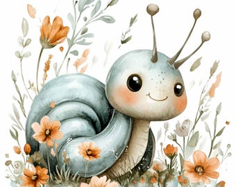 14 PNG Cute Snail PNG Clipart – Watercolor Animal – Floral Garden Design for Nursery Wall Decor, Kids Crafts, Stickers, Sublimation & Prints