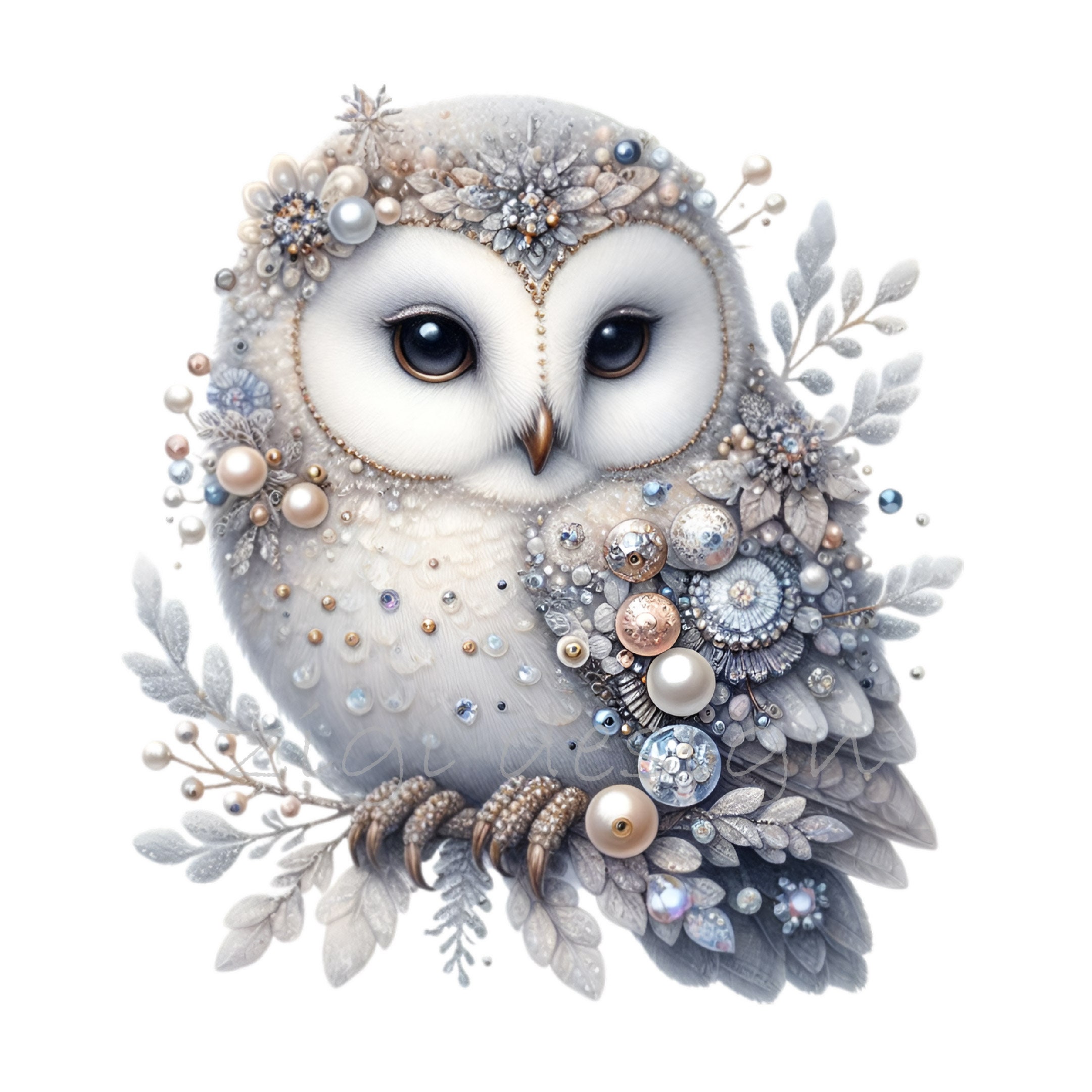 12 Jeweled Owl Clipart PNG, Elegant Owl with Pearls, Winter Owl, Transparent Background, Winter Art.