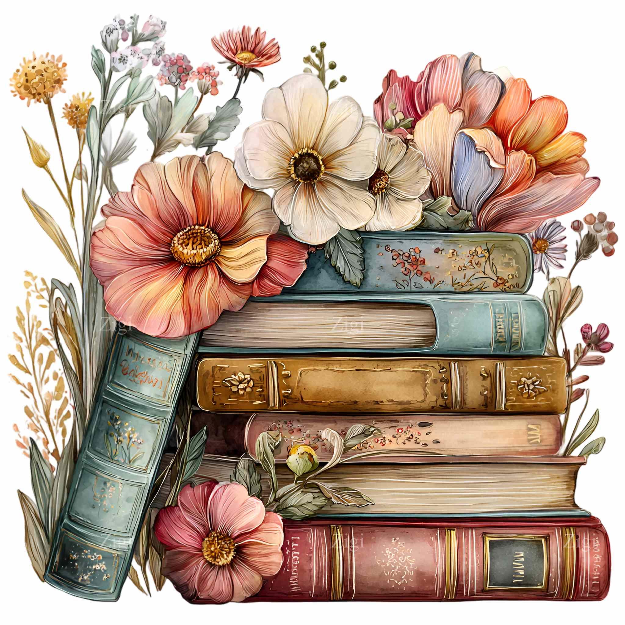 12 PNG Vintage Books Flowers Clipart – Botanical Book Stack ...