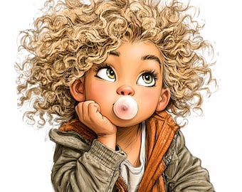10 PNG Curly Hair Girl Clipart, Bubblegum Sublimation, Urban Portrait