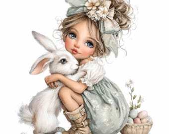 May include: A digital illustration of a young girl with blue eyes and blonde hair, wearing a light blue dress and holding a white rabbit. A basket of Easter eggs and flowers are nearby. The girl is wearing tan boots and a bow in her hair.