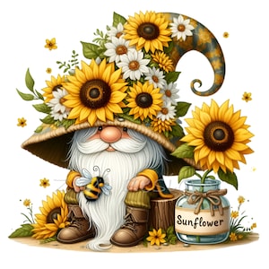 10 PNG Clipart di Gnomo Girasole - Gnomo stravagante con girasoli, api e accenti rustici per progetti creativi