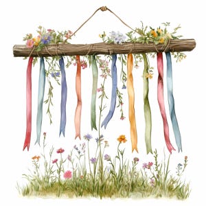 May include: A rustic wooden branch with colorful ribbons hanging from it. The branch is decorated with wildflowers and greenery. The ribbons are various shades of pink, blue, green, and yellow.