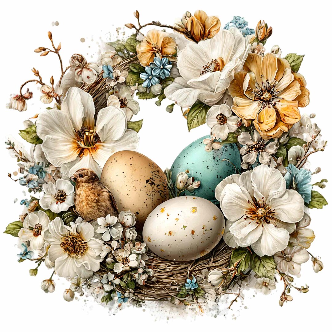 15 PNG Easter Wreath Clipart – Spring Floral Nest With Eggs and Bird ...