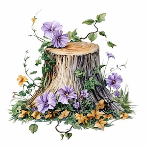 May include: A watercolor painting of a tree stump with purple flowers and green leaves. The stump is weathered and has a rough texture. The flowers are delicate and have a soft, pastel color.